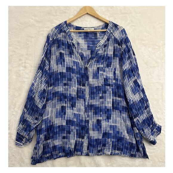 Foxcroft Easy Care Blue Print Button Top 24W Tencel Soft - Picture 1 of 8